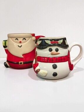 Santa Claus & Snowman Ceramic Coffee Mugs Set Of 2 Christmas Holiday